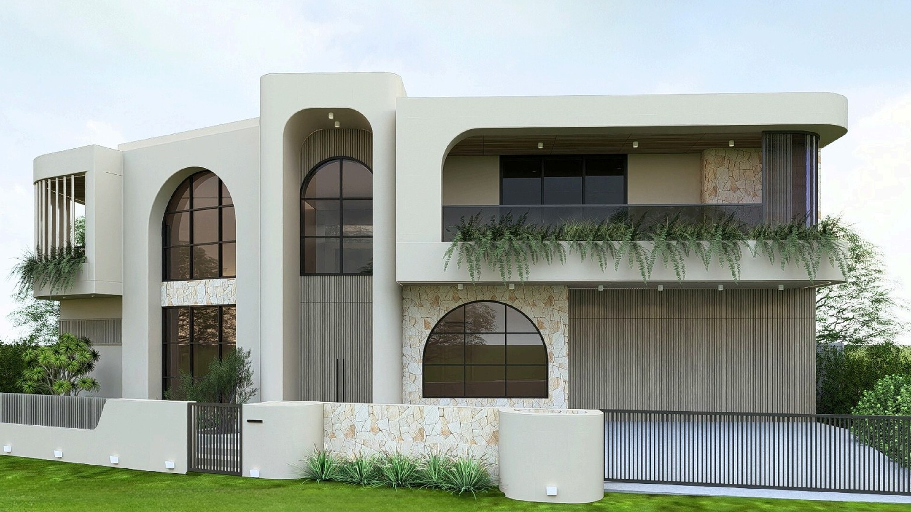 KingStyle custom double-storey home with arched windows and a stone feature wall